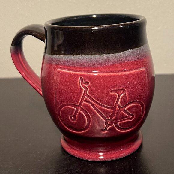 Handcrafted Hand Thrown Glazed Pottery Mug w/ Incised Bicycle by Jenny Blasen - Picture 2 of 16